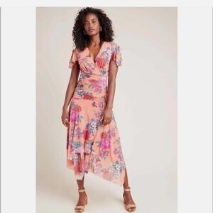 Maeve by Anthropologie Simone Floral Mesh Ruched Midi Dress – Size Large✨